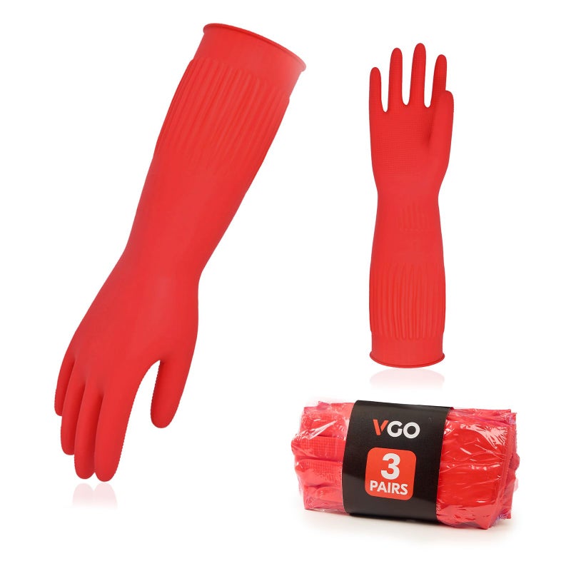 Vgo... 3-Pairs Dishwashing Gloves, Reusable Household Gloves, Long Sleeve, Thick Latex, Cleaning, Washing, Working, Painting, Gardening, Pet Care (Size L, Red, RB2143) - Image 1